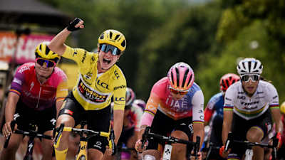 Dutch cyclist Marianne Vos of Team Visma–Lease a Bike celebrates at the finish of the 6th stage of the 2022 Tour de France Femmes between Saint-Die-les-Vosges and Rosheim.