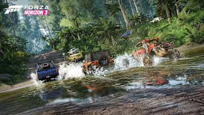 Off-road vehicles ford a jungle river in Forza Horizon 3.