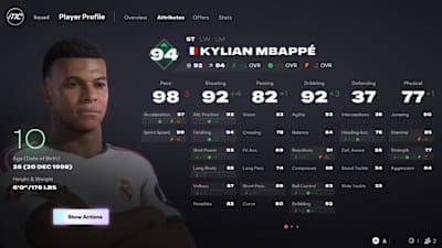 Widok na atrybuty Kyliana Mbappe w FC 27 