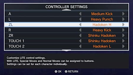 Una captura de pantalla de la pantalla de configuración del mando en Ultra Street Fighter II para el Nintendo Switch.