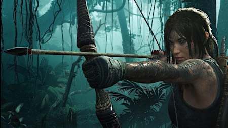 A promotional screenshot of Lara Croft in Shadow of the Tomb Raider.