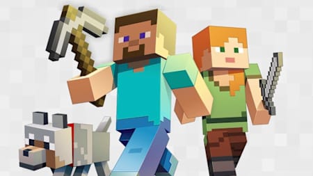 A promotional photo of Steve and Alex in Minecraft.