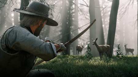 A screenshot of Arthur Morgan stowing a deer in Red Dead Redemption 2