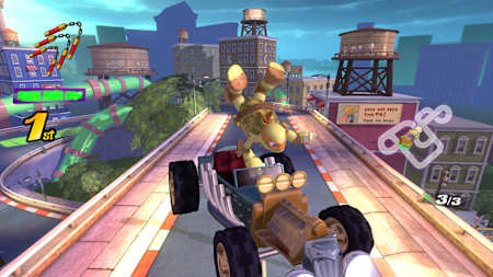 Screenshot of a character pulling a trick in Nickelodeon Kart Racers