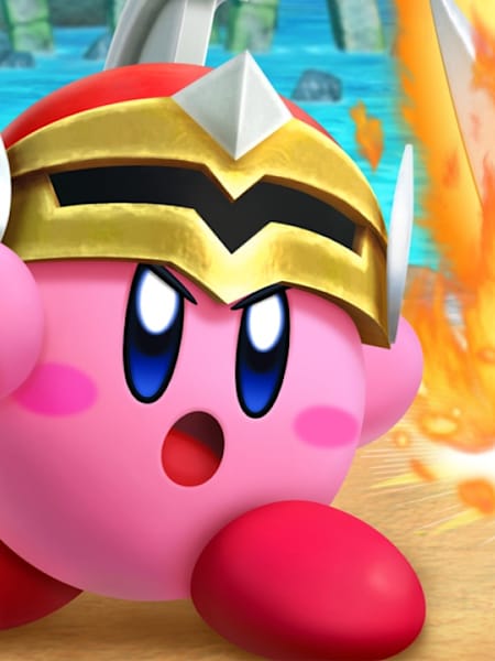 Kirby met een helm op tijdens het spel "Super Kirby Clash".