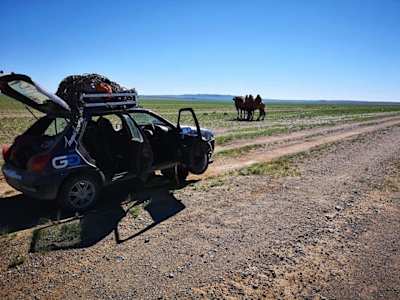 A photo of Krakota's broken down car during the Mongol Rally.