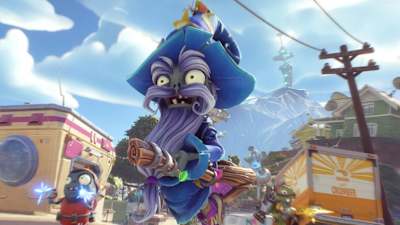 Screenshot aus Plants vs. Zombies: Battle for Neighborville zeigt einen Magier auf einem Besen.