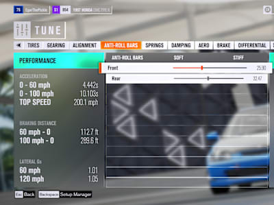 View of the Anti-roll bars tuning menu from Forza Horizon 4.