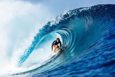 Caroline Marks rides the tube at Teahupo'o.