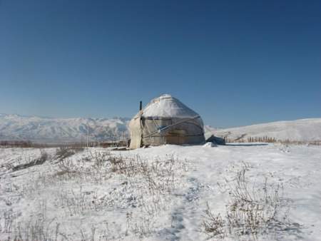 Yurt in snow in Kyrgyzstan.