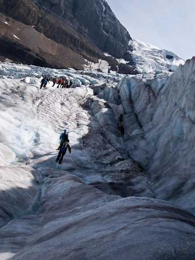 People walking in a line on the glacier in Canada.