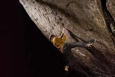 Nalle Hukkataival as seen during his attempt at boulder climbing the Burden of Dreams in Finland.