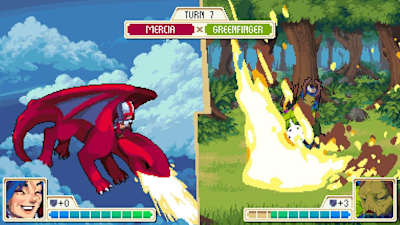 A split-screen screenshot of a Wargroove battle.