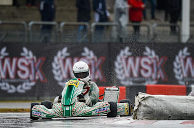 James Egozi racing in the wet at WSK Super Master Series in La Conca, Italy