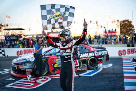 Stock car racing driver Connor Zilisch celebrates victory in the Mission 200 at the Glen Race at Watkins Glen International Raceway on September 14, 2024.