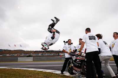 France's Johann Zarco celebrates the 2015 Moto2 title at Motegi circuit, Japan.