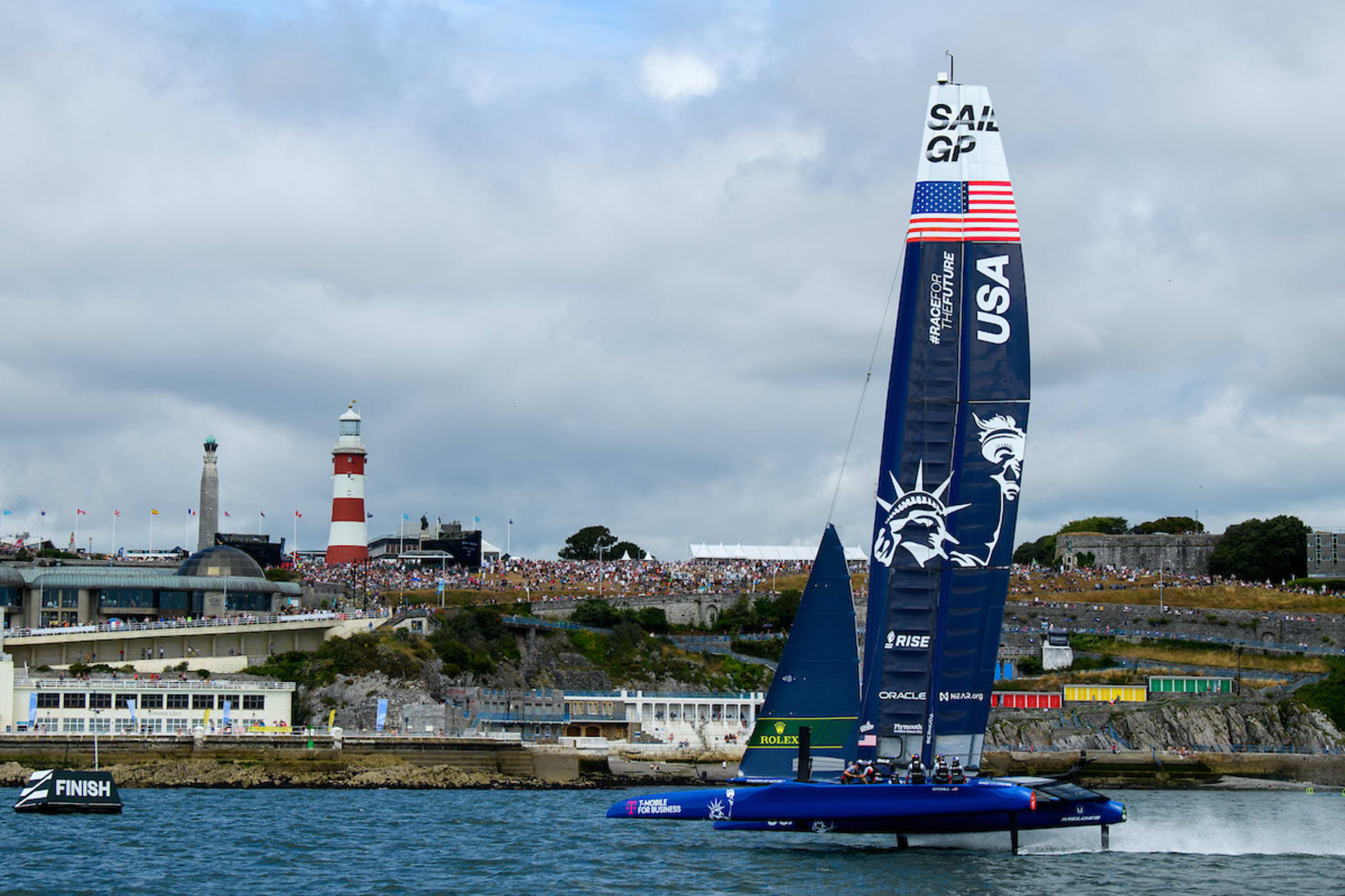 USA SailGP Team helmed by Jimmy Spithill in action on Race Day 1 of the Great Britain Sail Grand Prix in Plymouth, England on July 30, 2022.