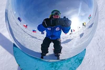 That ceremonial sphere. Good for selfies Cancer Survivor Sean Swarner at the South Pole