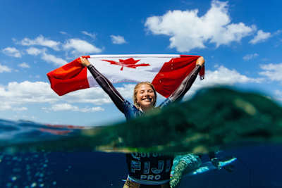 Canadian surfer Erin Brooks celebrates winning the Fiji Pro.