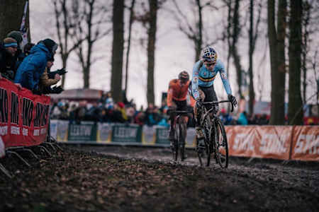 Cyclocross racer Wout van Aert in the breakaway at a race.