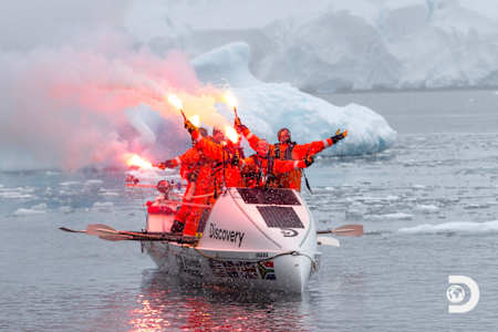 Colin O'Brady and the crew celebrate crossing Drake Passage in Antartica