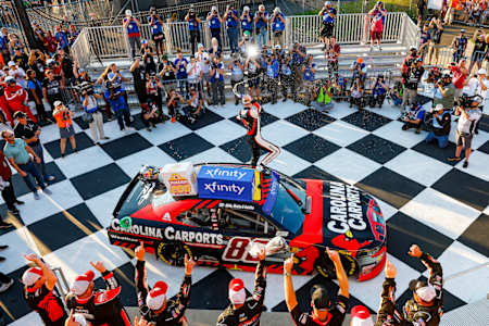 Connor Zilisch celebrating on top of a race car at Wakins Glen, USA o September 14, 2024. 