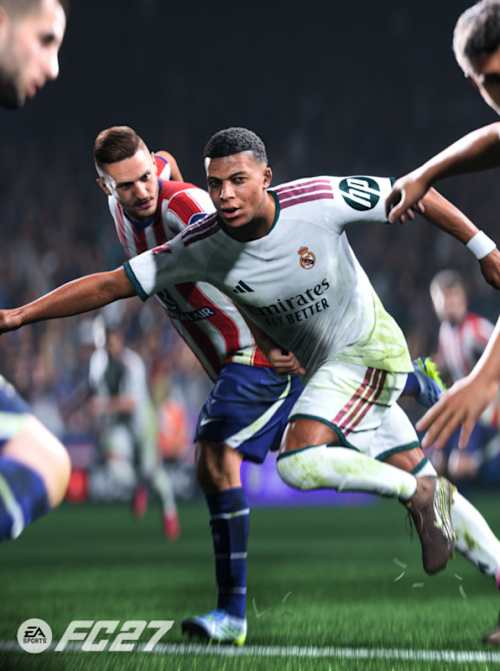 Uma imagem do EA Sports FC 27, a mostrar o Kylian Mbappé a enfrentar os defesas.