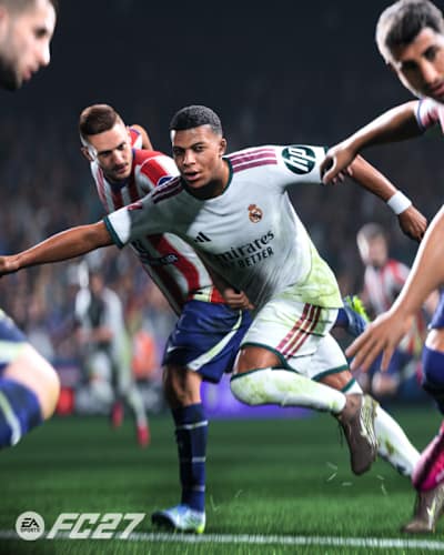 A graphic from EA Sports FC 27, showing Kylian Mbappé taking on defenders.