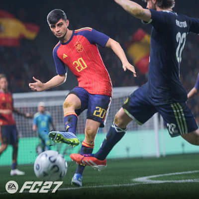 A graphic from EA Sports FC 27, showing a player attempting to block a shot.