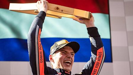 An image of Max Verstappen – celebrating winning the 2019 F1 Austrian Grand Prix.