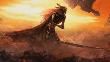 Une guerrière avec une longue épée et des cheveux roux se tient le bras blessé