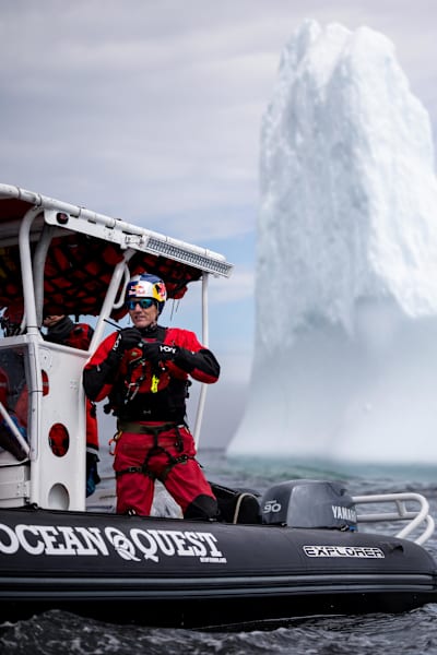 Will Gadd surveys the scene in the Atlantic Ocean ahead of Molly Carlson's iceberg dive in October, 2026.