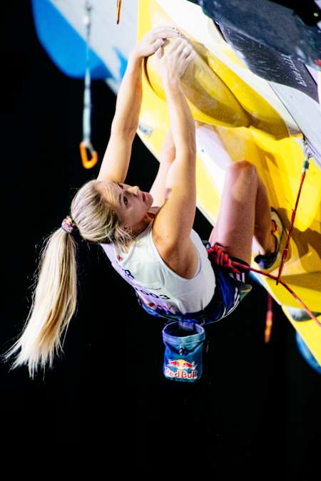 Shauna at the 2019 IFSC Climbing World Championships in the lead semi-final