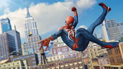 A screenshot of web swinging from Marvel’s Spider-Man.
