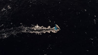 A drone flies above Vestas 11th Hour Racing in the Southern Ocean.