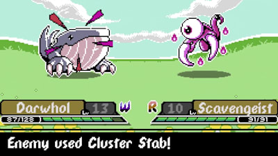 Ein Augen-Monster greift ein Wal-Monster an.