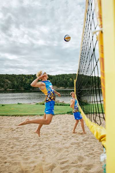 David Åhman and Jonatan Hellvig playing volleyball in Strömstad, Sweden on september 14, 2023 