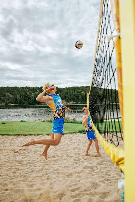 David Åhman and Jonatan Hellvig playing volleyball in Strömstad, Sweden on september 14, 2023 