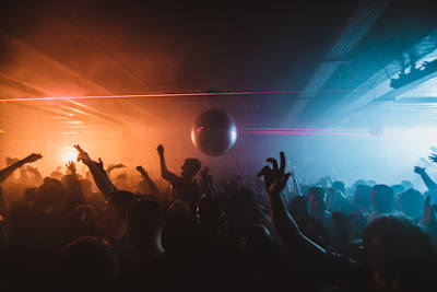 Phonox club crowd and disco ball