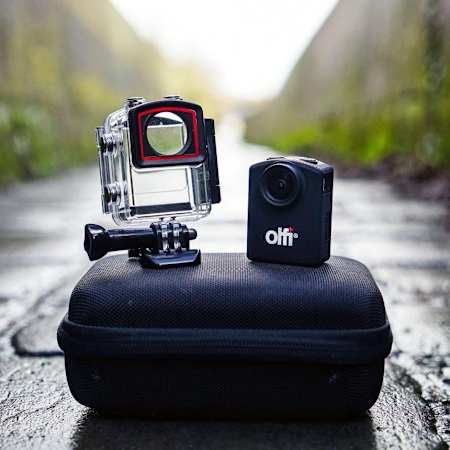 The Olfi One.Five Black 4k Action Camera pictured outdoors.