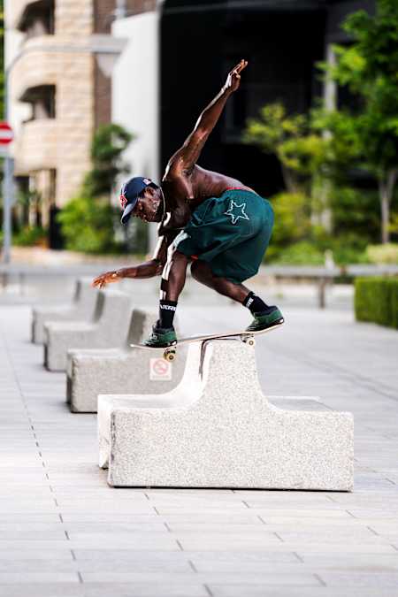 Zion Wright performs a backside lipslide at Red Bull Drop In Tour in Osaka, Japan on 22 August, 2023. 