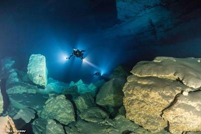 A scuba diver navigates under water during a dive Diepolder II near Brooksville, Florida.