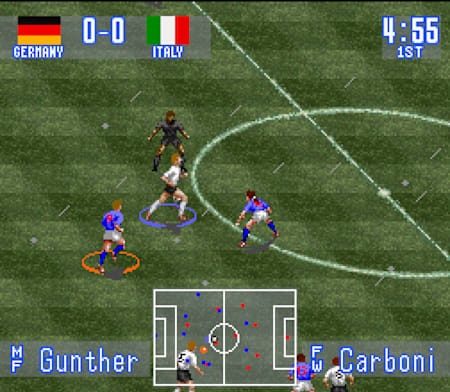Una captura de pantalla del videojuego International Superstar Soccer para SNES.