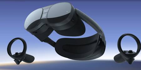 Bild zeigt das VR-Headset HTC Vive XR Elite mit zwei Controllern.