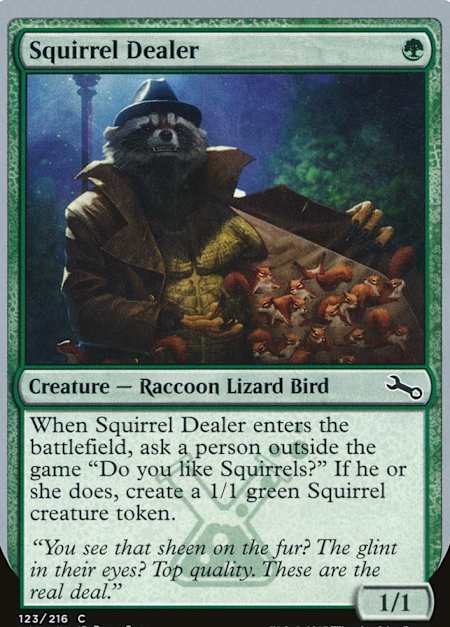 Ein Panda mit Mantel und Fedora verkauft Eichhörnchen aus seinen Manteltaschen