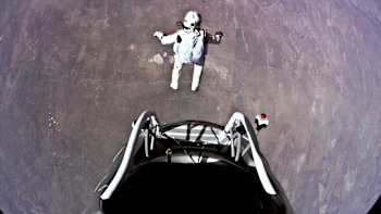 Pilot Felix Baumgartner of Austria jumps out from the capsule during the final manned flight for Red Bull Stratos in Roswell, New Mexico, USA on October 14 2012