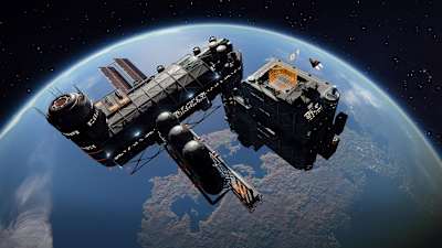 A screenshot of a ship docking in the video game Elite: Dangerous.