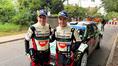 Co-driver Ondřej Krajča and Stříteský celebrate taking Pole in Poland