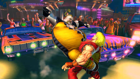 Street Fighter character Rufus in his bulging leathers.