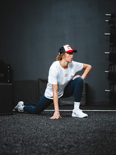 American volleyball player Madisen Skinner performs some exercises in the gym. 